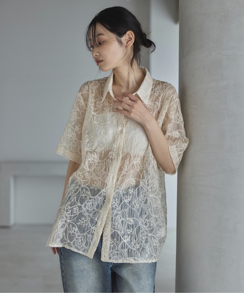IENA◆×EMILY WEEK/ハーフスリーブシアーシャツ/コットン/BLU/無地/23050900851020 IENA × EMILY WEEK】ハーフスリーブシアーシャツの