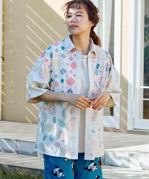 LINEN/COTTON スクエア刺繍 半袖シャツ（シャツ/ブラウス）｜go