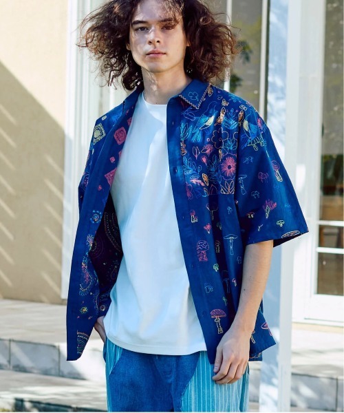 LINEN/COTTON スクエア刺繍 半袖シャツ