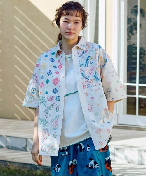 セール】LINEN/COTTON スクエア刺繍 半袖シャツ（シャツ/ブラウス