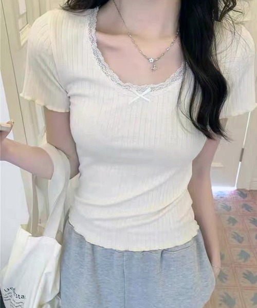 WESTSEA(ウエストシー)の「カップ付き 無地 レース リボン リブトップス ショート丈(Tシャツ/カットソー・レディース・グレー/ホワイト/ブラック/ミント・FREE)」の9枚目の写真