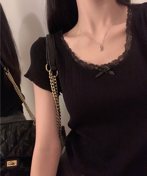 WESTSEA(ウエストシー)の「カップ付き 無地 レース リボン リブトップス ショート丈(Tシャツ/カットソー・レディース・グレー/ホワイト/ブラック/ミント・FREE)」の11枚目の写真