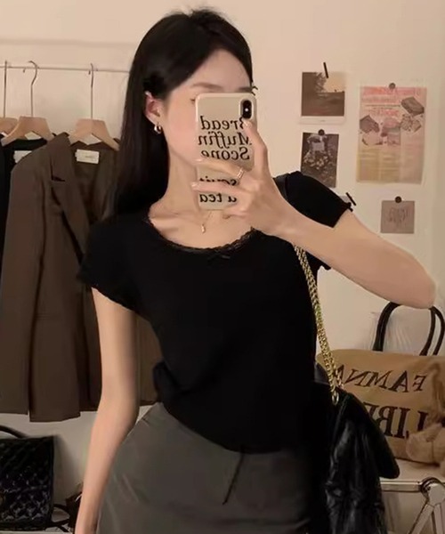 WESTSEA(ウエストシー)の「カップ付き 無地 レース リボン リブトップス ショート丈(Tシャツ/カットソー・レディース・グレー/ホワイト/ブラック/ミント・FREE)」の12枚目の写真