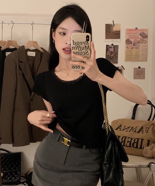 WESTSEA(ウエストシー)の「カップ付き 無地 レース リボン リブトップス ショート丈(Tシャツ/カットソー・レディース・グレー/ホワイト/ブラック/ミント・FREE)」の13枚目の写真