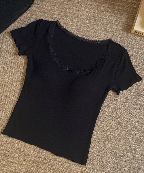 WESTSEA(ウエストシー)の「カップ付き 無地 レース リボン リブトップス ショート丈(Tシャツ/カットソー・レディース・グレー/ホワイト/ブラック/ミント・FREE)」の14枚目の写真