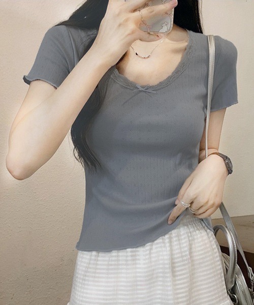 WESTSEA(ウエストシー)の「カップ付き 無地 レース リボン リブトップス ショート丈(Tシャツ/カットソー・レディース・グレー/ホワイト/ブラック/ミント・FREE)」の15枚目の写真
