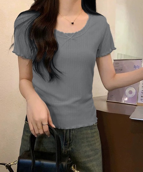 WESTSEA(ウエストシー)の「カップ付き 無地 レース リボン リブトップス ショート丈(Tシャツ/カットソー・レディース・グレー/ホワイト/ブラック/ミント・FREE)」の16枚目の写真