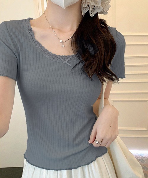 WESTSEA(ウエストシー)の「カップ付き 無地 レース リボン リブトップス ショート丈(Tシャツ/カットソー・レディース・グレー/ホワイト/ブラック/ミント・FREE)」の17枚目の写真