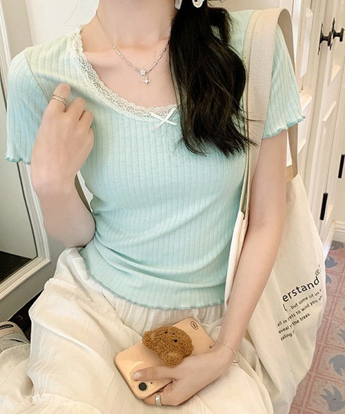 WESTSEA(ウエストシー)の「カップ付き 無地 レース リボン リブトップス ショート丈(Tシャツ/カットソー・レディース・グレー/ホワイト/ブラック/ミント・FREE)」の19枚目の写真