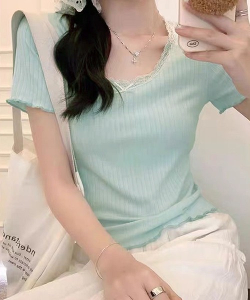 WESTSEA(ウエストシー)の「カップ付き 無地 レース リボン リブトップス ショート丈(Tシャツ/カットソー・レディース・グレー/ホワイト/ブラック/ミント・FREE)」の20枚目の写真