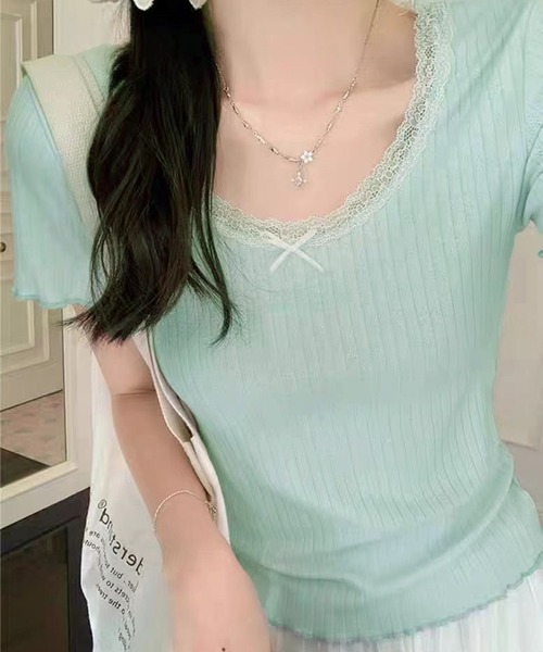WESTSEA(ウエストシー)の「カップ付き 無地 レース リボン リブトップス ショート丈(Tシャツ/カットソー・レディース・グレー/ホワイト/ブラック/ミント・FREE)」の21枚目の写真