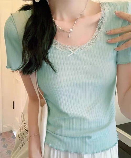 WESTSEA(ウエストシー)の「カップ付き 無地 レース リボン リブトップス ショート丈(Tシャツ/カットソー・レディース・グレー/ホワイト/ブラック/ミント・FREE)」の22枚目の写真