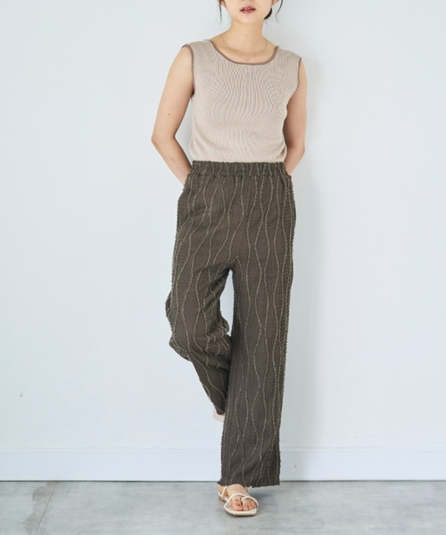 mil（ミル）の「ストライプジャガード ワイドパンツ（その他パンツ・レディース・ライム/ブラウン/ベージュ・S-Short/M-Short/S-Regular）」の4枚目の写真
