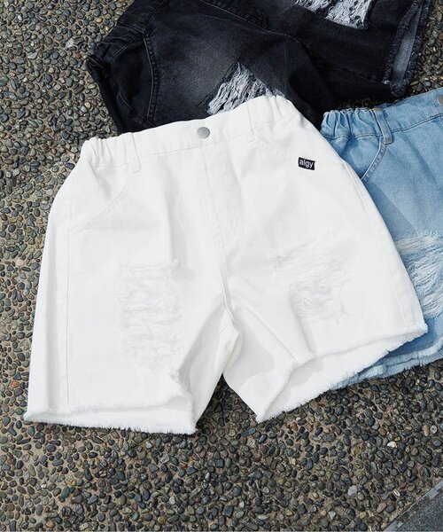 algy（アルジー）の「【接触冷感】ダメージショーパン（デニムパンツ・キッズ・ブラック/サックスブルー/オフホワイト・XX-SMALL/X-SMALL/SMALL/MEDIUM）」の2枚目の写真