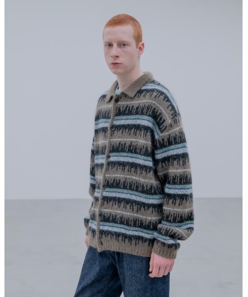 uniform experiment（ユニフォームエクスペリメント）の「MOHAIR BORDER KNIT BLOUSON（カーディガン/ボレロ・メンズ・ブラック/カーキ・2/1/3/4）」の10枚目の写真