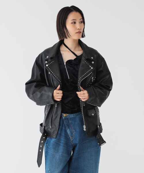 フリル付きブラックダブルライダースジャケット maturely / ダブル ライダース ジャケット（ライダースジャケット