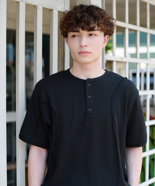 セール】CONTRAST HENLEY NECK THERMAL TEE／切り替えヘンリーネック