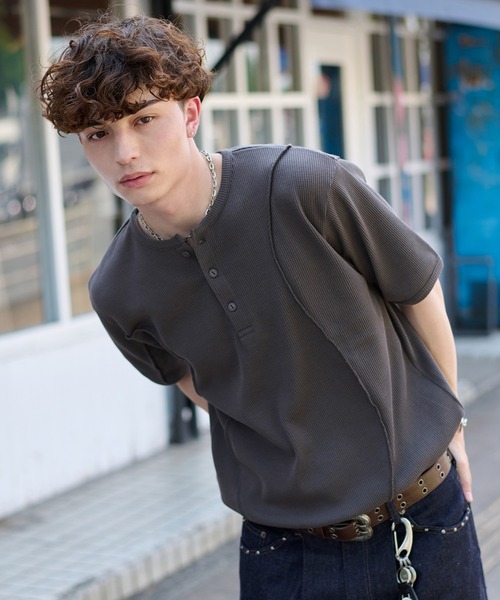 セール】CONTRAST HENLEY NECK THERMAL TEE／切り替えヘンリーネック