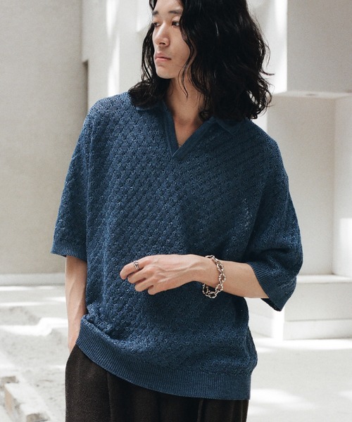 【専用】Vintage Jacquard Polo Knit Men's sky blue vintage jacquard knit V-neck polo shirt – OXKnit