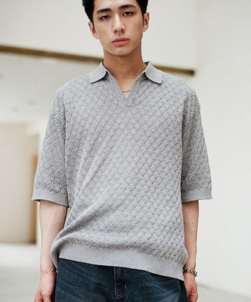 WYM LIDNM(ウィム バイ リドム)の「JACQUARD MESH H/S KNIT POLO(ポロシャツ・メンズ・チャコール/ブルー系/ライトグレー・S/M/L)」の2枚目の写真