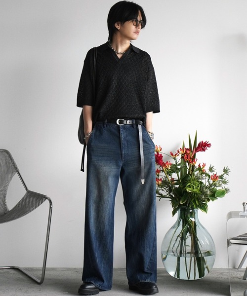 WYM LIDNM(ウィム バイ リドム)の「JACQUARD MESH H/S KNIT POLO(ポロシャツ・メンズ・チャコール/ブルー系/ライトグレー・S/M/L)」の13枚目の写真