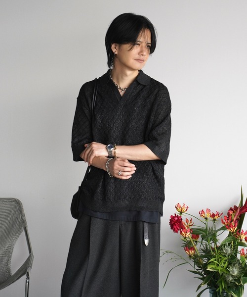 WYM LIDNM(ウィム バイ リドム)の「JACQUARD MESH H/S KNIT POLO(ポロシャツ・メンズ・チャコール/ブルー系/ライトグレー・S/M/L)」の12枚目の写真