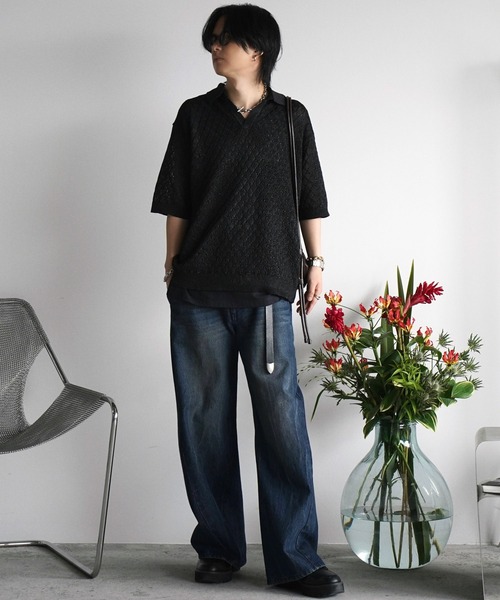 WYM LIDNM(ウィム バイ リドム)の「JACQUARD MESH H/S KNIT POLO(ポロシャツ・メンズ・チャコール/ブルー系/ライトグレー・S/M/L)」の14枚目の写真