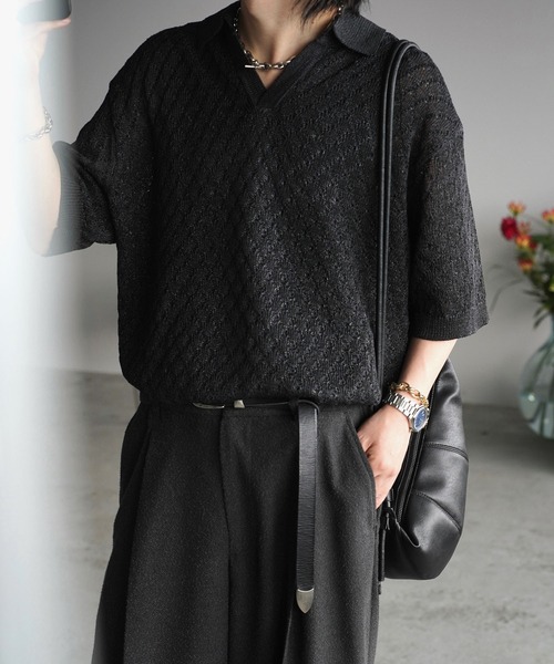 WYM LIDNM(ウィム バイ リドム)の「JACQUARD MESH H/S KNIT POLO(ポロシャツ・メンズ・チャコール/ブルー系/ライトグレー・S/M/L)」の18枚目の写真