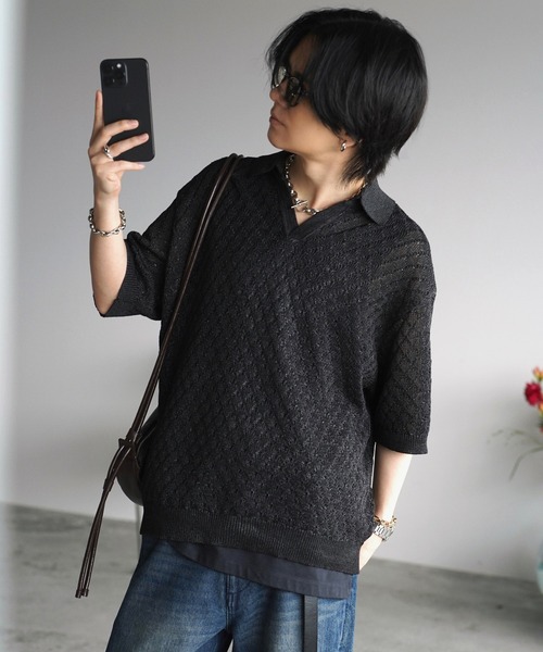 WYM LIDNM(ウィム バイ リドム)の「JACQUARD MESH H/S KNIT POLO(ポロシャツ・メンズ・チャコール/ブルー系/ライトグレー・S/M/L)」の22枚目の写真