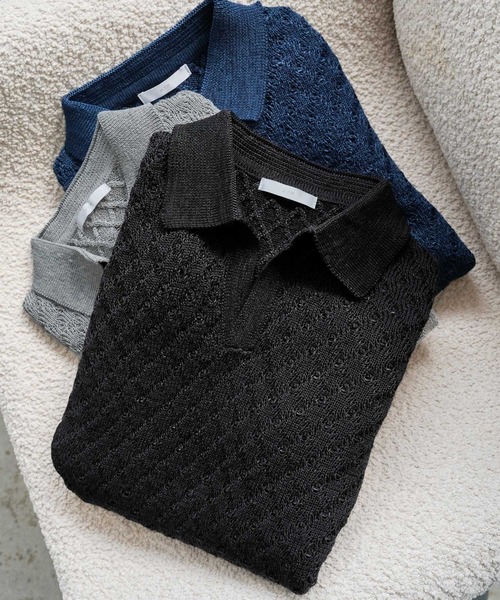 WYM LIDNM(ウィム バイ リドム)の「JACQUARD MESH H/S KNIT POLO(ポロシャツ・メンズ・チャコール/ブルー系/ライトグレー・S/M/L)」の6枚目の写真