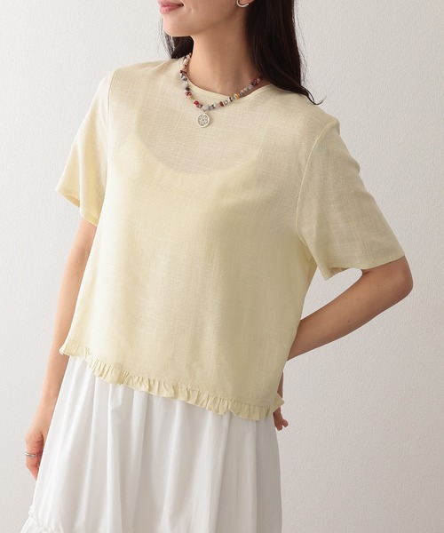 Lace Ladies(レースレディース)の「リネン混 裾フリル クルーネック 半袖 トップス(Tシャツ/カットソー・レディース・アイボリー/ブラック/ベージュ/イエロー・FREE)」の4枚目の写真