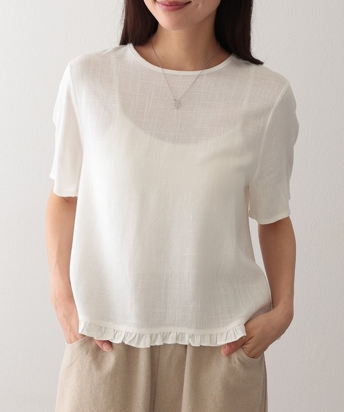 Lace Ladies(レースレディース)の「リネン混 裾フリル クルーネック 半袖 トップス(Tシャツ/カットソー・レディース・アイボリー/ブラック/ベージュ/イエロー・FREE)」の1枚目の写真