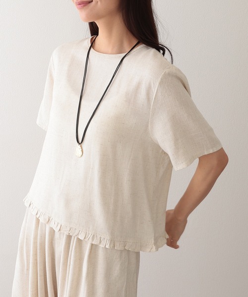 Lace Ladies(レースレディース)の「リネン混 裾フリル クルーネック 半袖 トップス(Tシャツ/カットソー・レディース・アイボリー/ブラック/ベージュ/イエロー・FREE)」の11枚目の写真