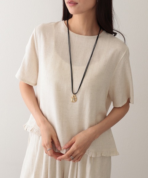 Lace Ladies(レースレディース)の「リネン混 裾フリル クルーネック 半袖 トップス(Tシャツ/カットソー・レディース・アイボリー/ブラック/ベージュ/イエロー・FREE)」の12枚目の写真