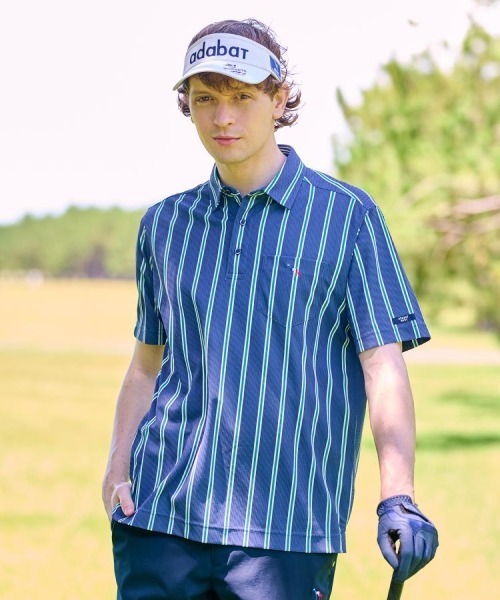 adabat(アダバット)の「【新レーベル ADABAT NAVY】吸水速乾/UVカット ワインシャンブレーストライプポロシャツ(ポロシャツ・メンズ・ネイビー系2/ベージュ系その他5・48/50/46/52)」の2枚目の写真