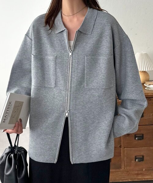 DISCOAT（ディスコート）の「【ユニセックス】衿付きWジップカーディガン（カーディガン/ボレロ・レディース・グレー/ブラック/ブラウン・FREE）」の2枚目の写真