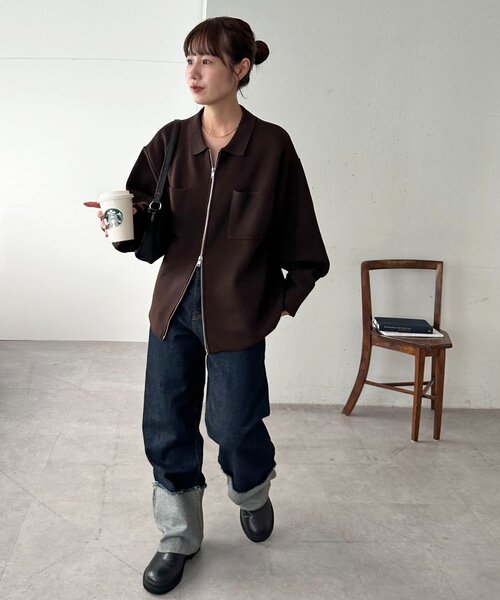 DISCOAT（ディスコート）の「【ユニセックス】衿付きWジップカーディガン（カーディガン/ボレロ・レディース・グレー/ブラック/ブラウン・FREE）」の6枚目の写真