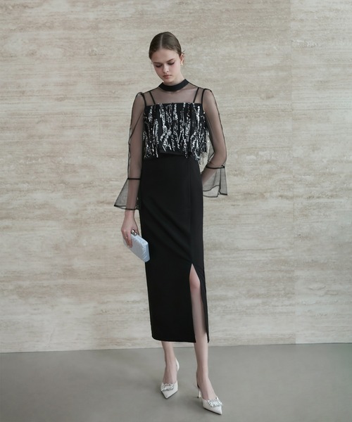 LEJA】2WAYスパンコールビスチェチュールIラインワンピースドレス2点