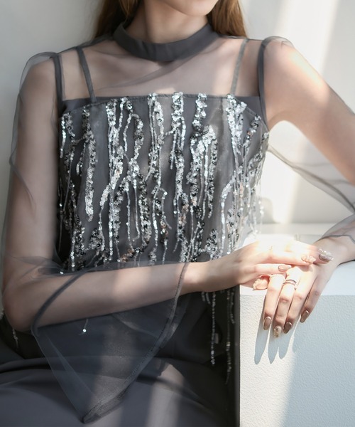 LEJA】2WAYスパンコールビスチェチュールIラインワンピースドレス2点