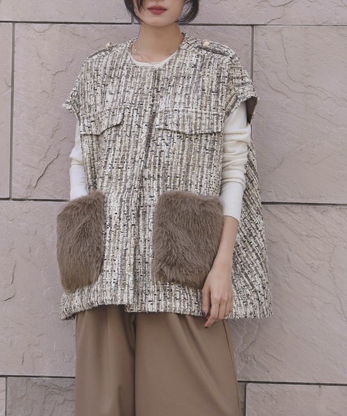 新品　ELFRANK　ファーポケット オーバーシルエット ツイード ベスト　ジレ エルフランク ELFRANK ファーポケット オーバーシルエット