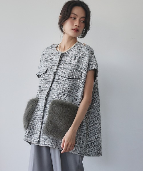 セール】【2025AW】ファーポケット オーバーシルエット ツイード
