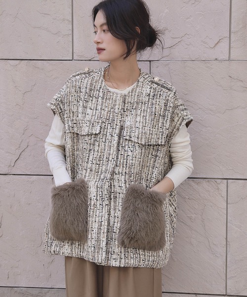 セール】【2025AW】ファーポケット オーバーシルエット ツイード