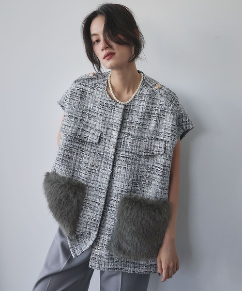 セール】【2025AW】ファーポケット オーバーシルエット ツイード