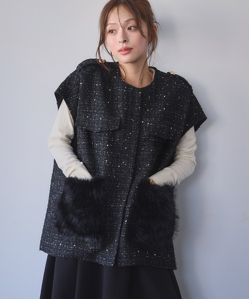 セール】【2025AW】ファーポケット オーバーシルエット ツイード