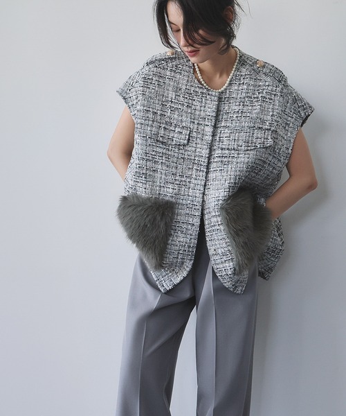 セール】【2025AW】ファーポケット オーバーシルエット ツイード