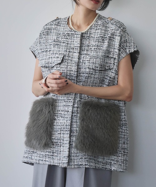 セール】【2025AW】ファーポケット オーバーシルエット ツイード