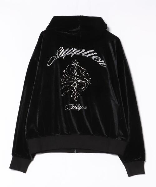 SUPPLIER(サプライヤー)の「SUPPLIER/サプライヤー/CROSS RHINESTONE VELOUR ZIP HOODIE(パーカー・メンズ・ブラック・XL/L/M)」の1枚目の写真