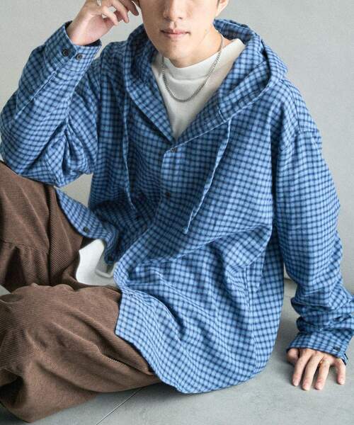 CRAFT STANDARD BOUTIQUE(クラフトスタンダードブティック)の「チェックフードシャツ(シャツ/ブラウス・メンズ・ブルー系その他3/ブルー系その他5/ブラウン系その他4/ブラウン系その他5/ブラック系その他3/グリーン系その他5・M/L)」の1枚目の写真