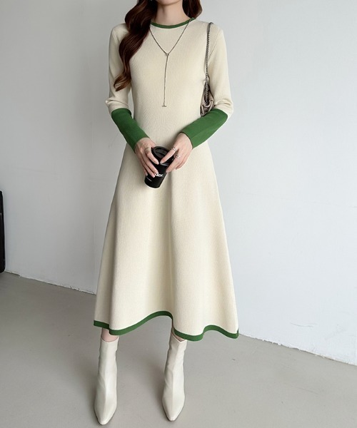 セール】【選べる2タイプ】 フレアニットワンピース シンプル 配色