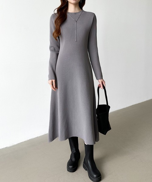 セール】【選べる2タイプ】 フレアニットワンピース シンプル 配色